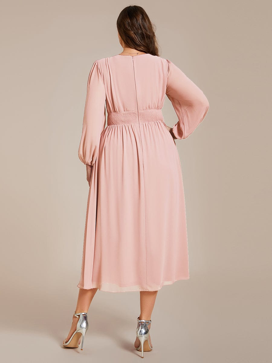 Plus Size Flowy Long Sleeves V-Neck Midi Chiffon Wedding Guest Dress #color_Pink