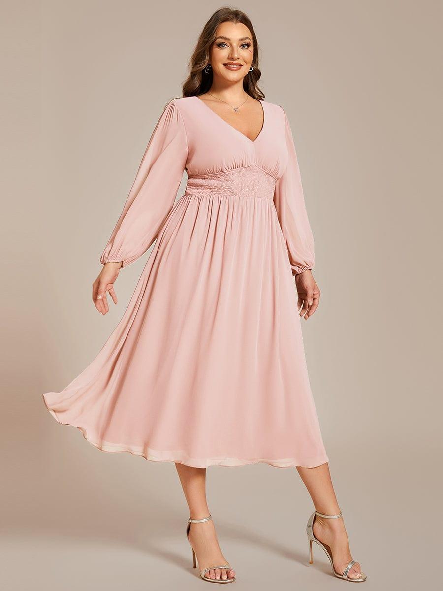 Plus Size Flowy Long Sleeves V-Neck Midi Chiffon Wedding Guest Dress #color_Pink