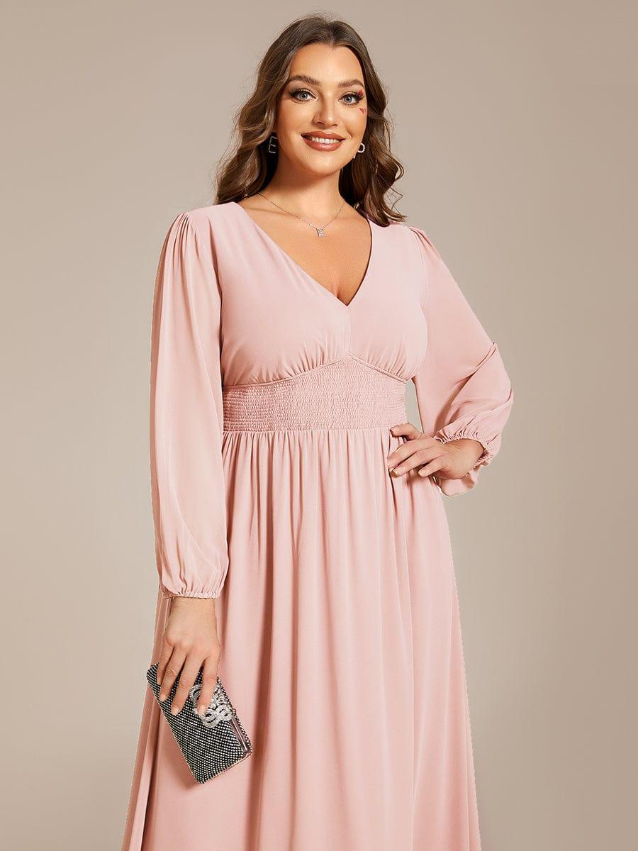 Chiffon V-Neck Long Sleeves Elastic Band Midi Wedding Guest Dress #color_Pink