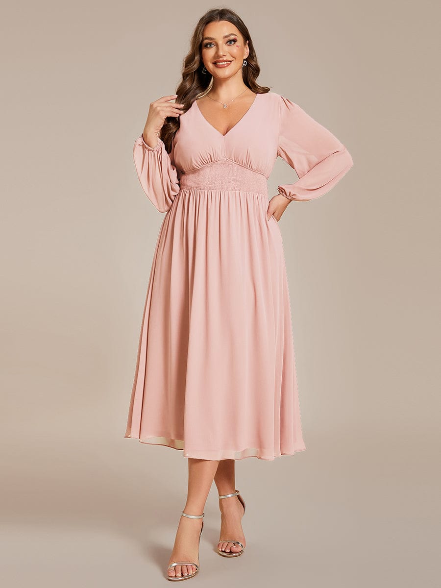 Plus Size Flowy Long Sleeves V-Neck Midi Chiffon Wedding Guest Dress #color_Pink