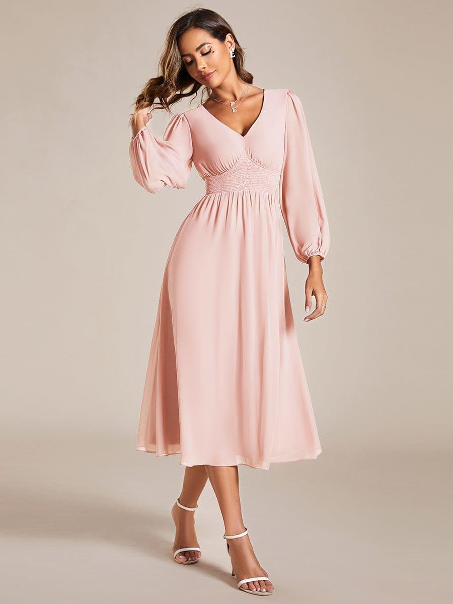 Chiffon V-Neck Long Sleeves Elastic Band Midi Wedding Guest Dress #color_Pink