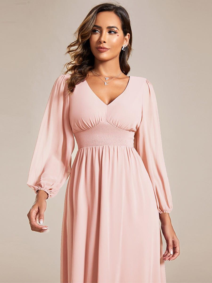 Chiffon V-Neck Long Sleeves Elastic Band Midi Wedding Guest Dress #color_Pink