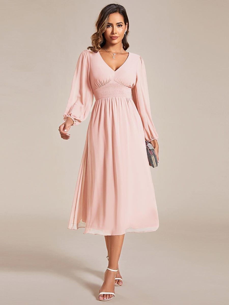Chiffon V-Neck Long Sleeves Elastic Band Midi Wedding Guest Dress #color_Pink
