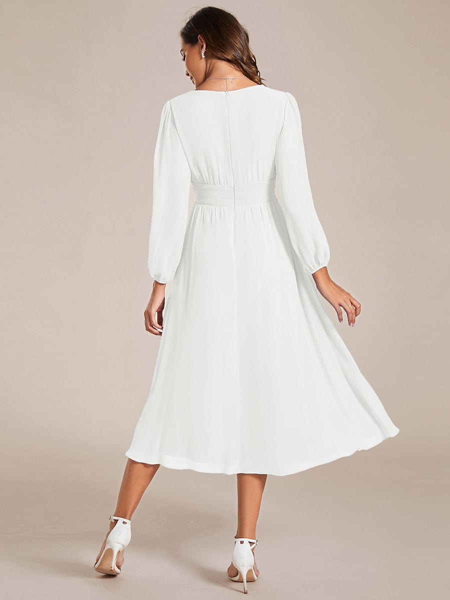 Chiffon V-Neck Long Sleeves Elastic Band Midi Wedding Guest Dress #color_White