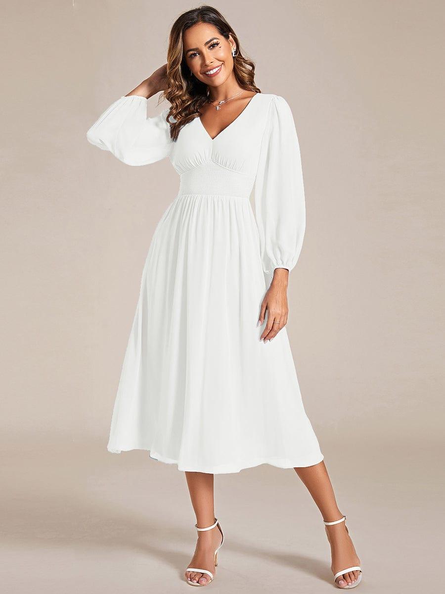 Chiffon V-Neck Long Sleeves Elastic Band Midi Wedding Guest Dress #color_White