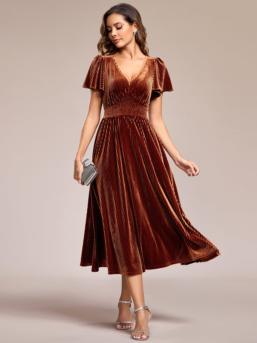 Graceful V-Neck Waist Design Short Sleeves Fall Velvet Midi Wedding Guest Dress #color_Caramel