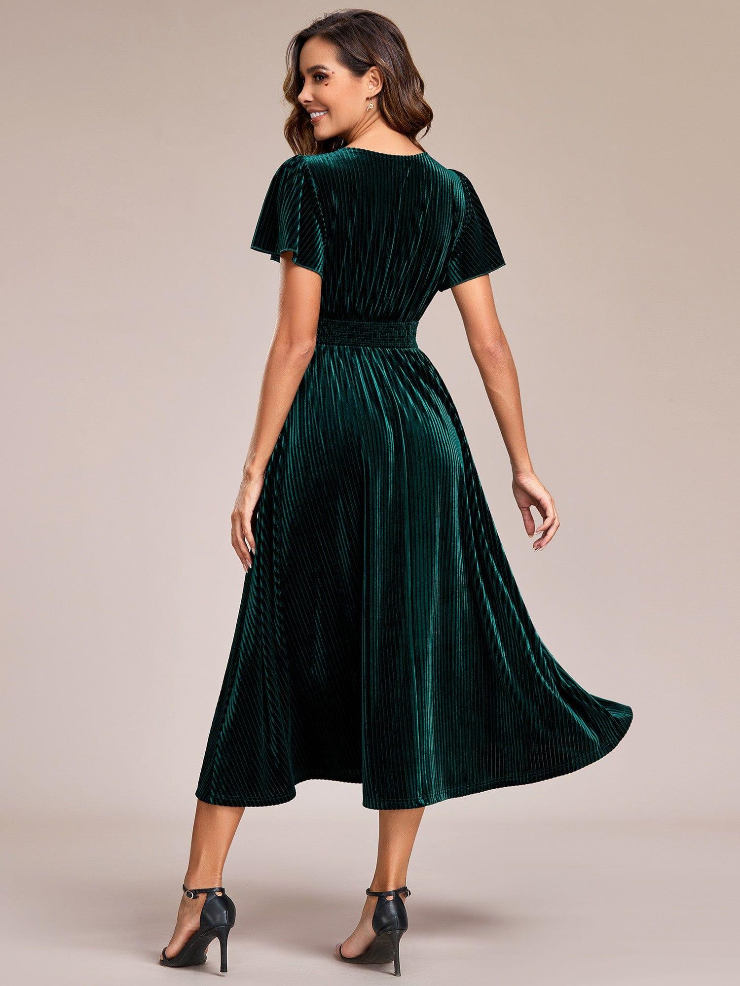 Graceful V-Neck Waist Design Short Sleeves Fall Velvet Midi Wedding Guest Dress #color_Dark Green