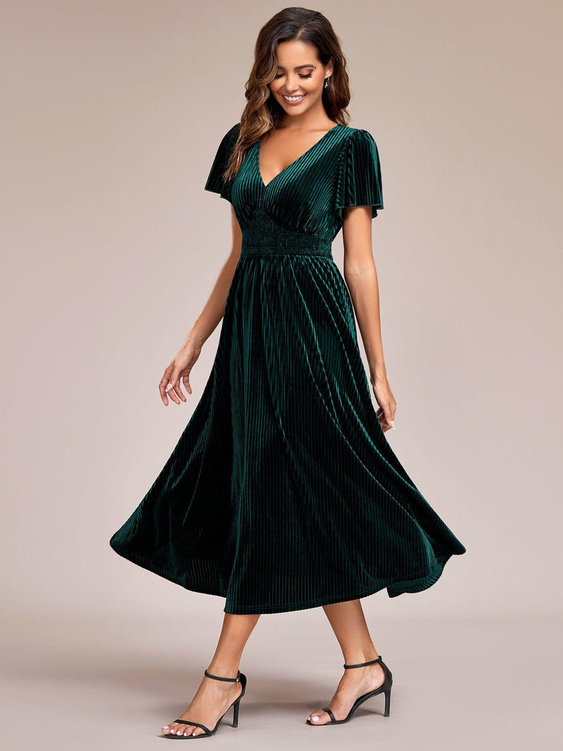 Velvet V-Neck A-line Short Sleeves Fall Midi Wedding Guest Dress