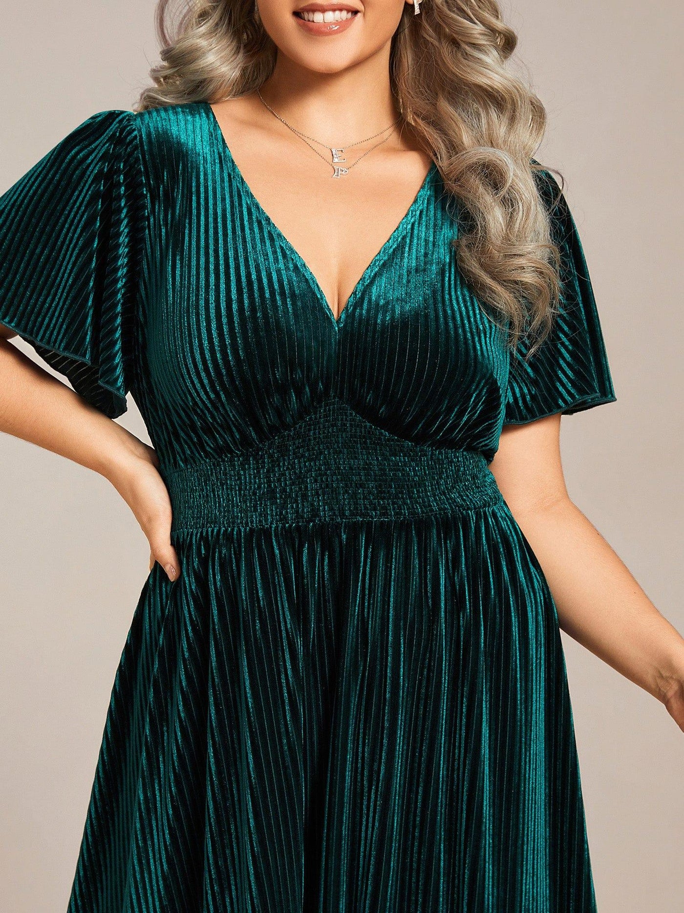 Plus Size Velvet A-line V-Neck Short Sleeve Waist Design Fall Wedding