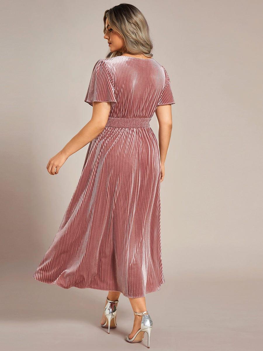 Plus Size A-line V-Neck Short Sleeve Pleated Velvet Fall Wedding Guest Dress #color_Purple Orchid