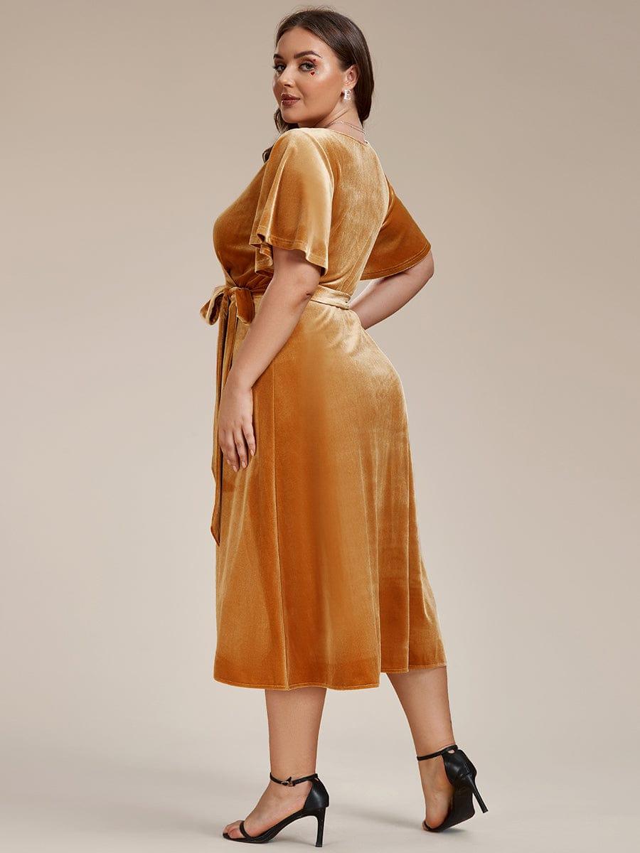 Ever Pretty Plus Size Velvet Velvet Dress with V Neck and Flutter SleevesBrown
