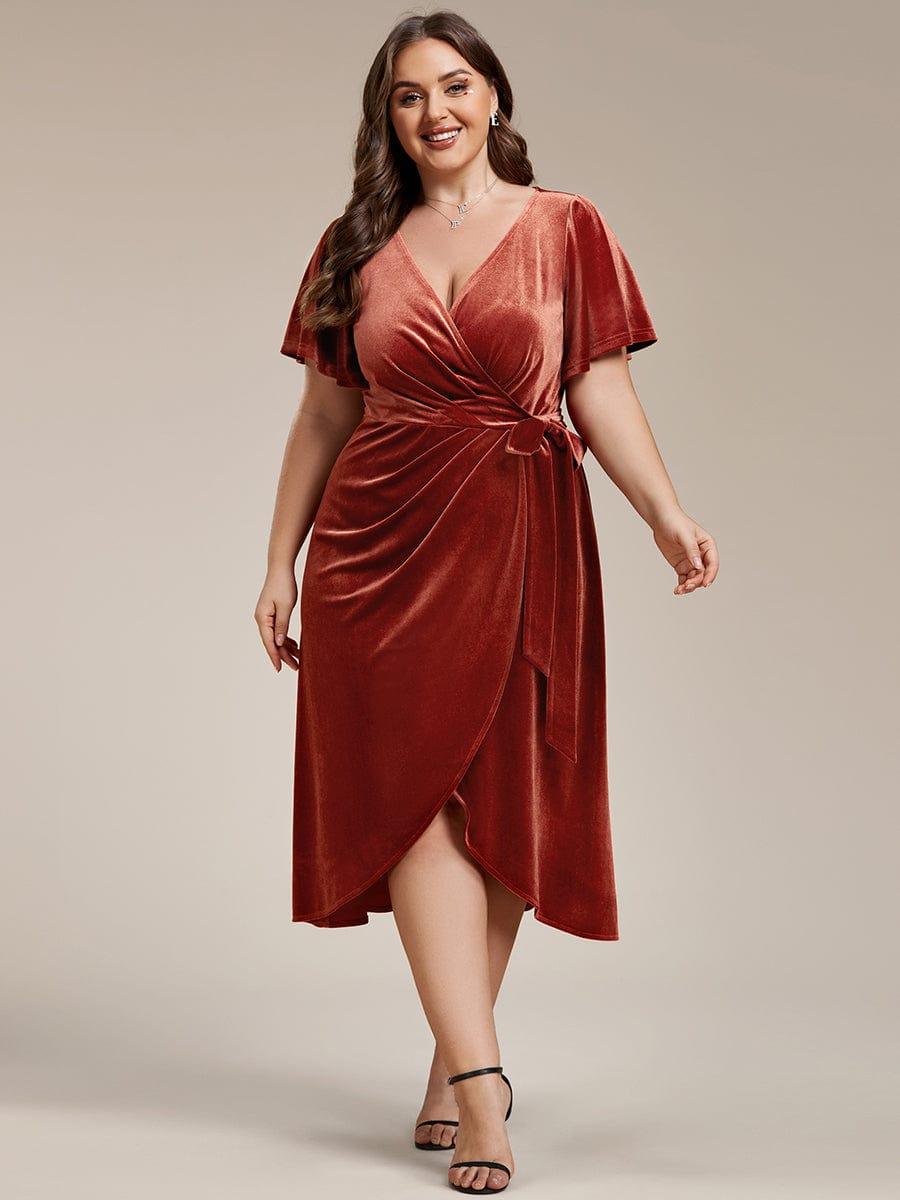 plus size velvet holiday dress pretty LENNA|Plus V-Neck Ruffles Sleeve One-Piece Type Wedding Guest Navy Blue Prom Dresses