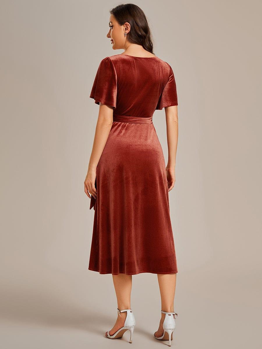 One-Piece Type Short Sleeves V-Neck Velvet Midi Wedding Guest Dress #color_Brick Red