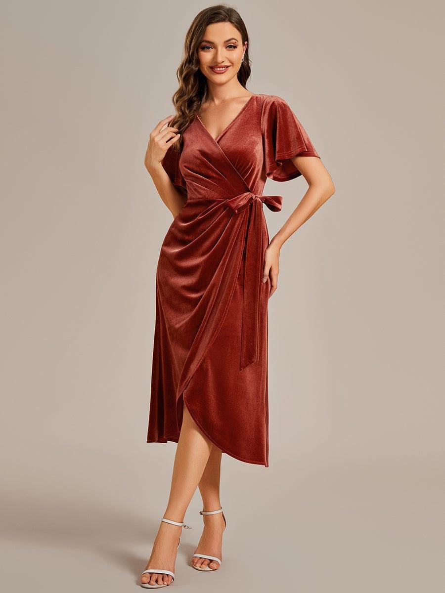 Short Sleeves Velvet One-Piece Type Wedding Guest Dress with Waist Tie