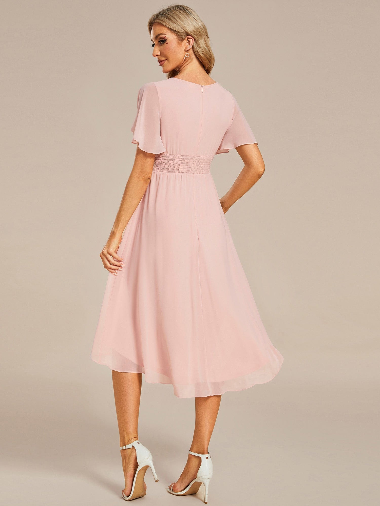 Flowy Chiffon Round Neckline A-Line Knee Length Wedding Guest Dress #color_Pink