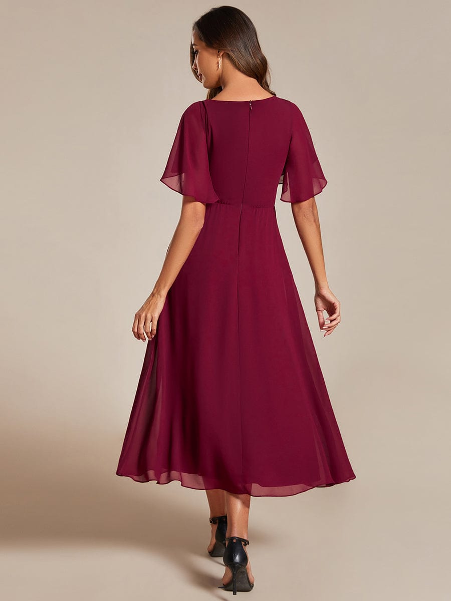 Short Sleeves V-Neck Tea Length Wedding Guest Dress with Floral Applique #color_Burgundy