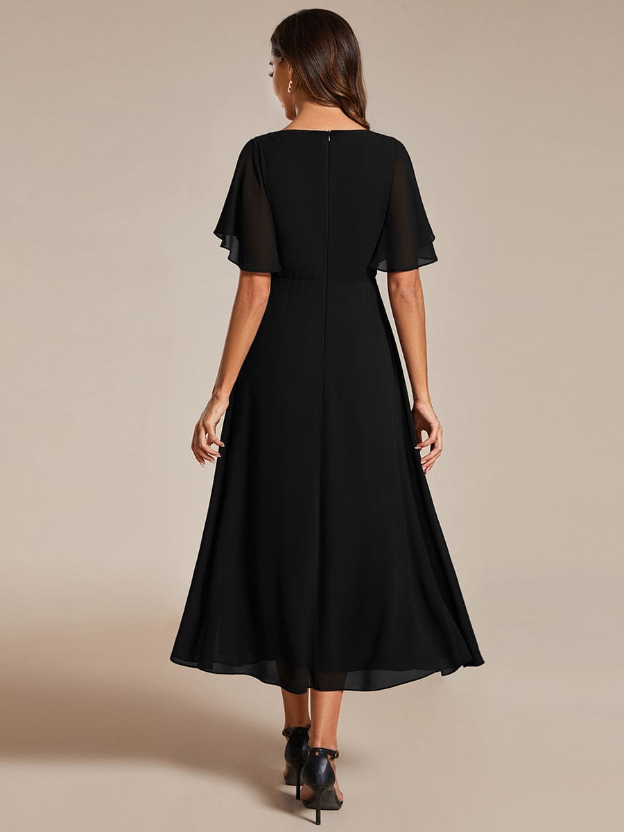 Short Sleeves V-Neck Tea Length Wedding Guest Dress with Floral Applique #color_Black