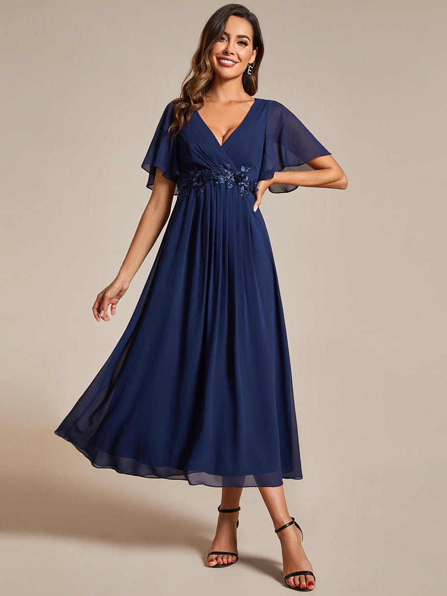Short Sleeves V-Neck Tea Length Wedding Guest Dress with Floral Applique #color_Navy Blue