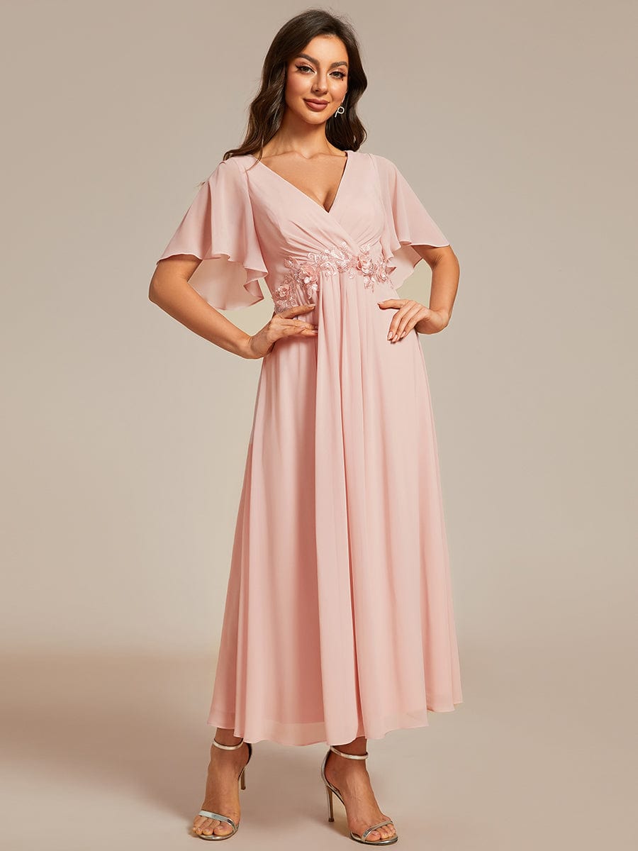 Short Sleeves V-Neck Tea Length Wedding Guest Dress with Floral Applique #color_Pink