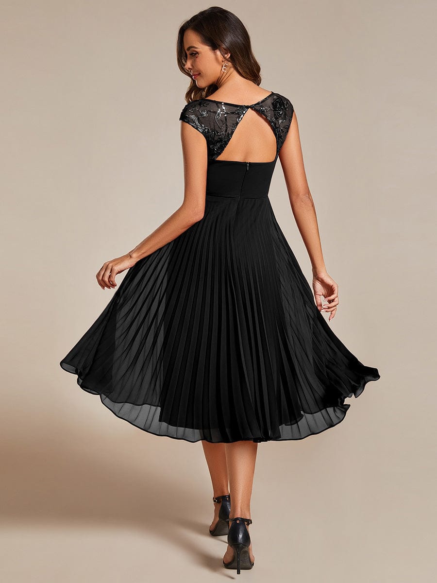 A-Line Pleated Chiffon Wedding Guest Dress with Round Neckline and Sleeveless #color_Black