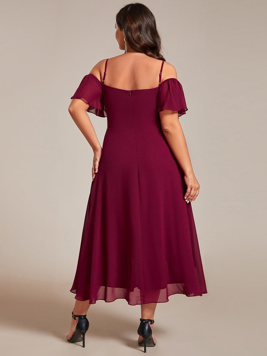 Plus Size Cold Shoulder Sweetheart Necklin Chiffon Midi Wedding Guest Dress #color_Burgundy