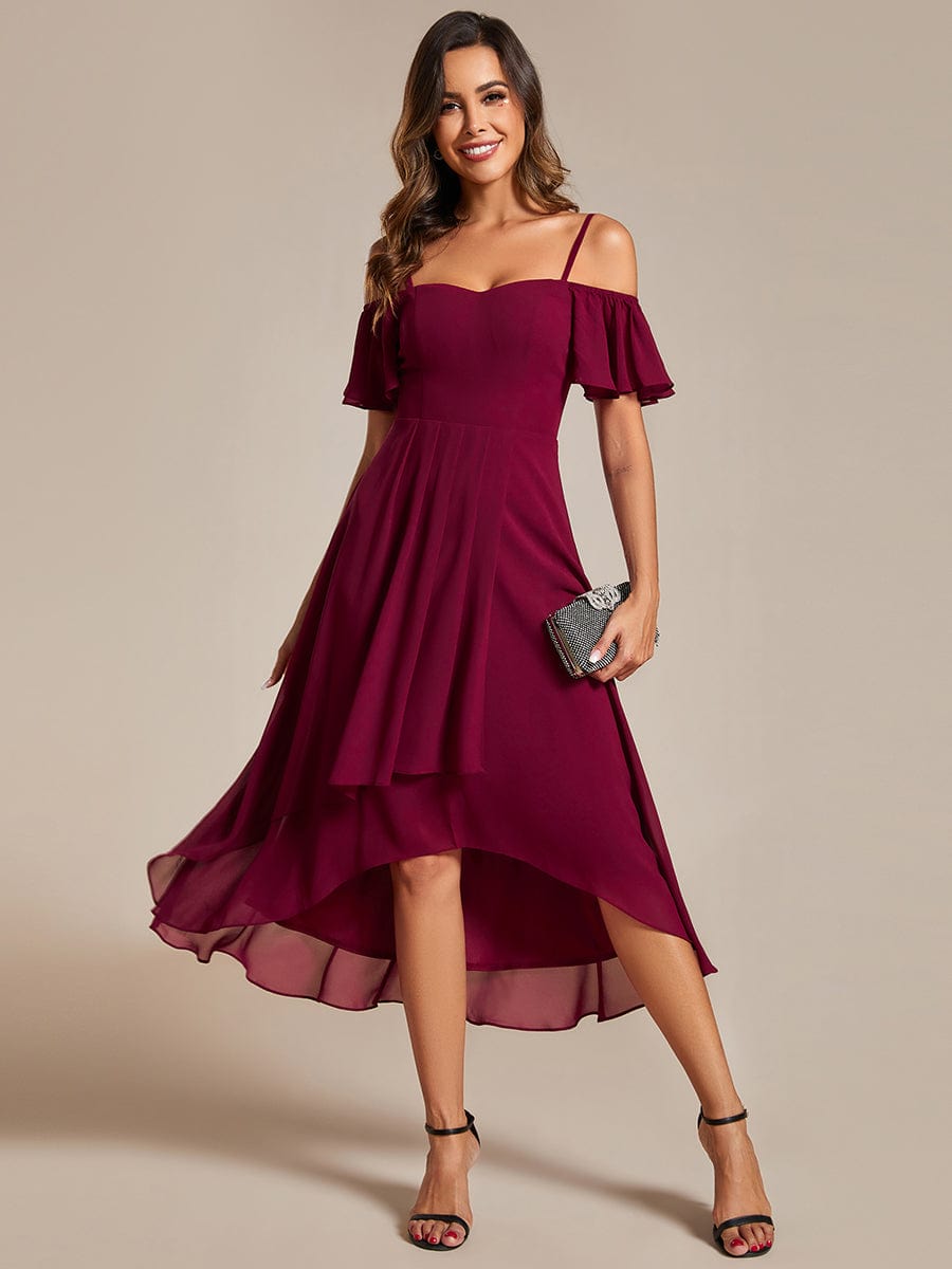 Spaghetti Strap Cold Shoulder Chiffon A-Line Midi Wedding Guest Dress #color_Burgundy