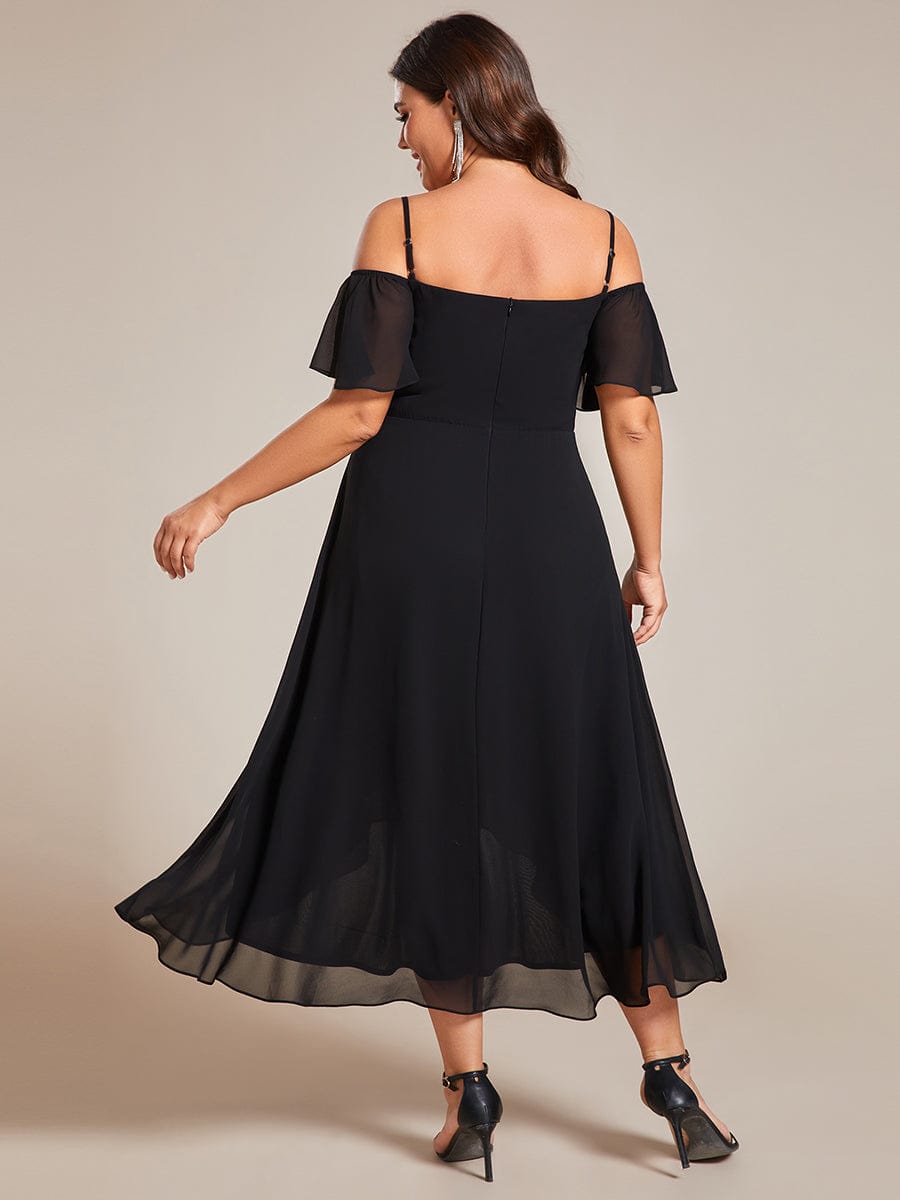 Plus Size Cold Shoulder Sweetheart Necklin Chiffon Midi Wedding Guest Dress #color_Black