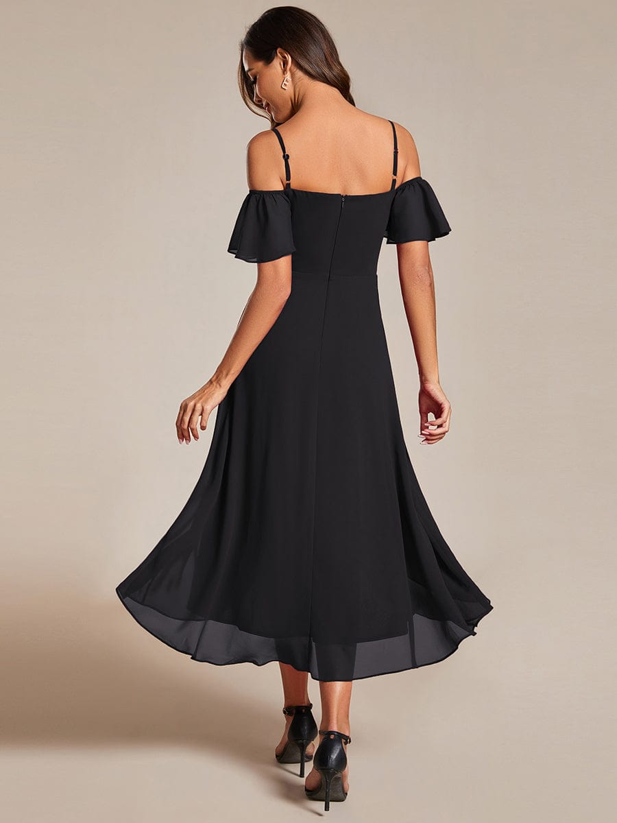 Spaghetti Strap Cold Shoulder Chiffon A-Line Midi Wedding Guest Dress #color_Black