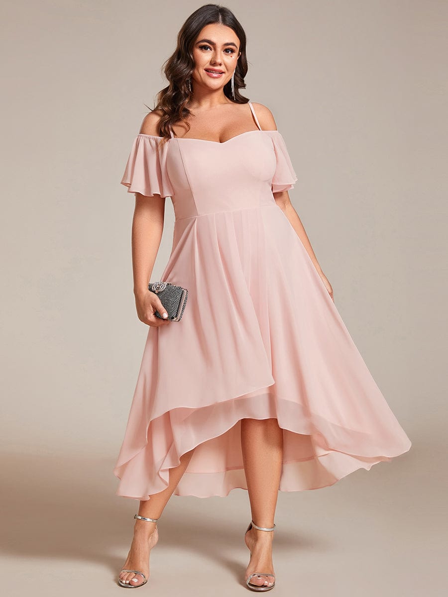 Plus Size Cold Shoulder Sweetheart Necklin Chiffon Midi Wedding Guest Dress #color_Pink