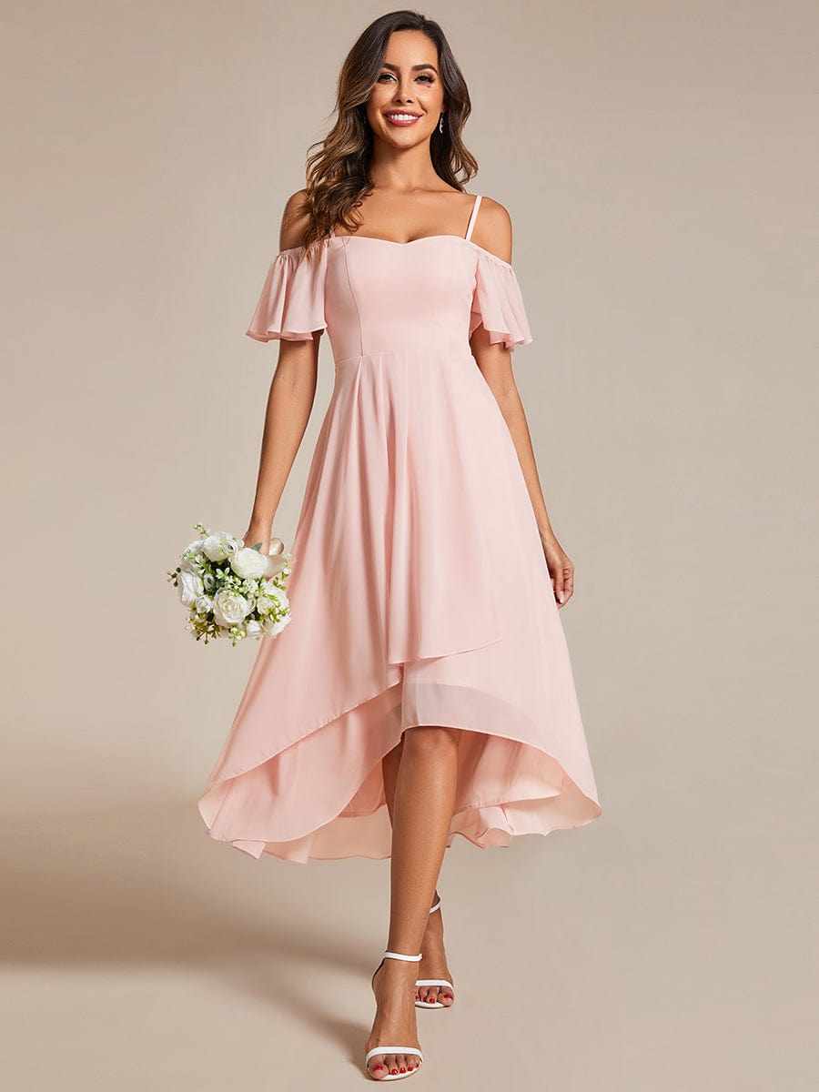 Spaghetti Strap Cold Shoulder Chiffon A-Line Midi Wedding Guest Dress #color_Pink