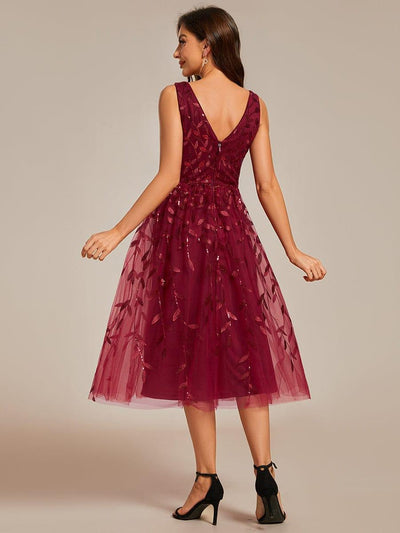 V-Neck Leaf Sequined Sleeveless A-Line Midi Wedding Guest Dress #color_Burgundy