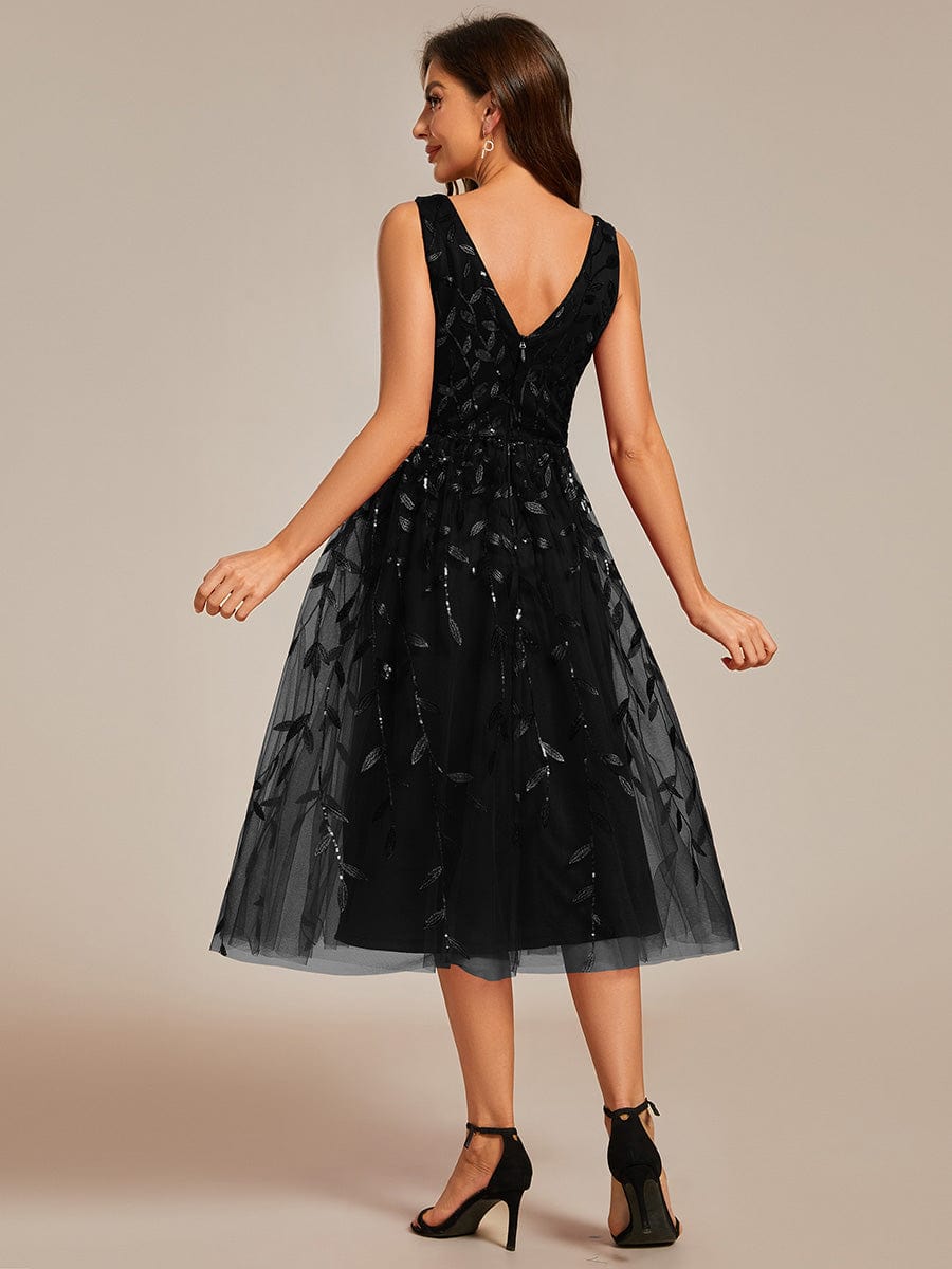 V-Neck Leaf Sequined Sleeveless A-Line Midi Wedding Guest Dress #color_Black