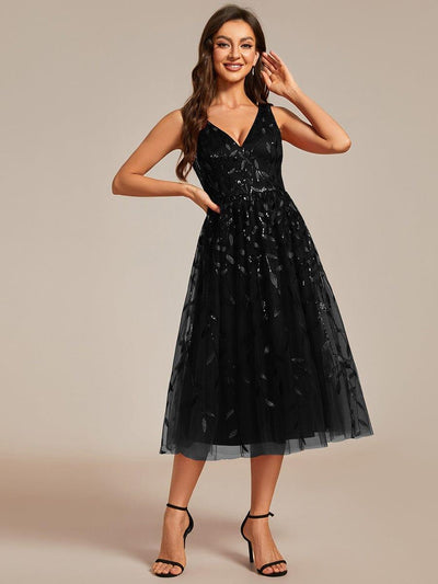 V-Neck Leaf Sequined Sleeveless A-Line Midi Wedding Guest Dress #color_Black