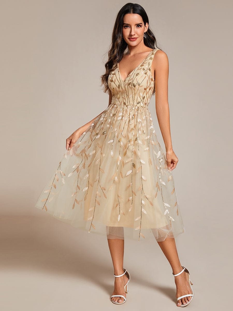 V-Neck Leaf Sequined Sleeveless A-Line Midi Wedding Guest Dress #color_Gold