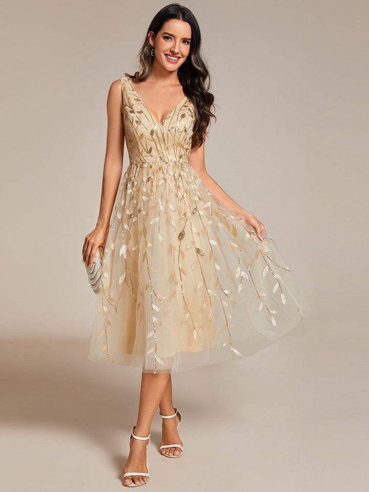 V-Neck Leaf Sequined Sleeveless A-Line Midi Wedding Guest Dress #color_Gold