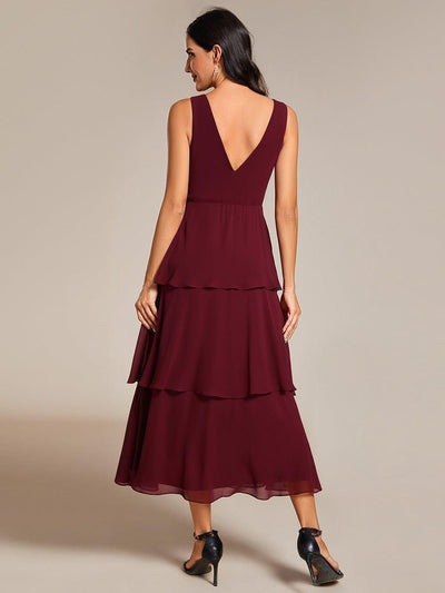 Sleeveless Tiered hem V-Neck Chiffon Wedding Guest Dress #color_Burgundy