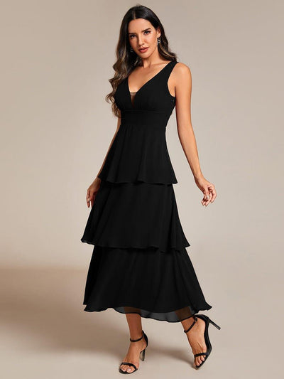 Sleeveless Tiered hem V-Neck Chiffon Wedding Guest Dress #color_Black