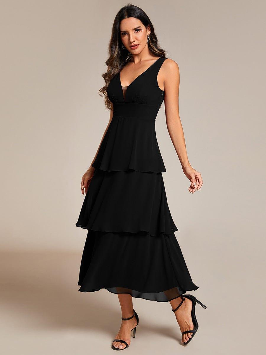 Sleeveless Tiered hem V-Neck Chiffon Wedding Guest Dress #color_Black