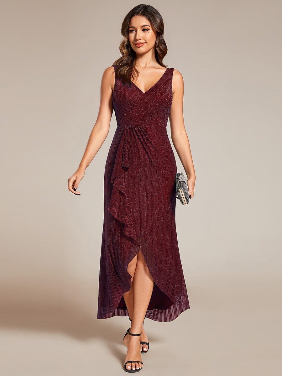 High-Low Ruffle Mermaid Wedding Guest Dress with V-Neck #color_Burgundy