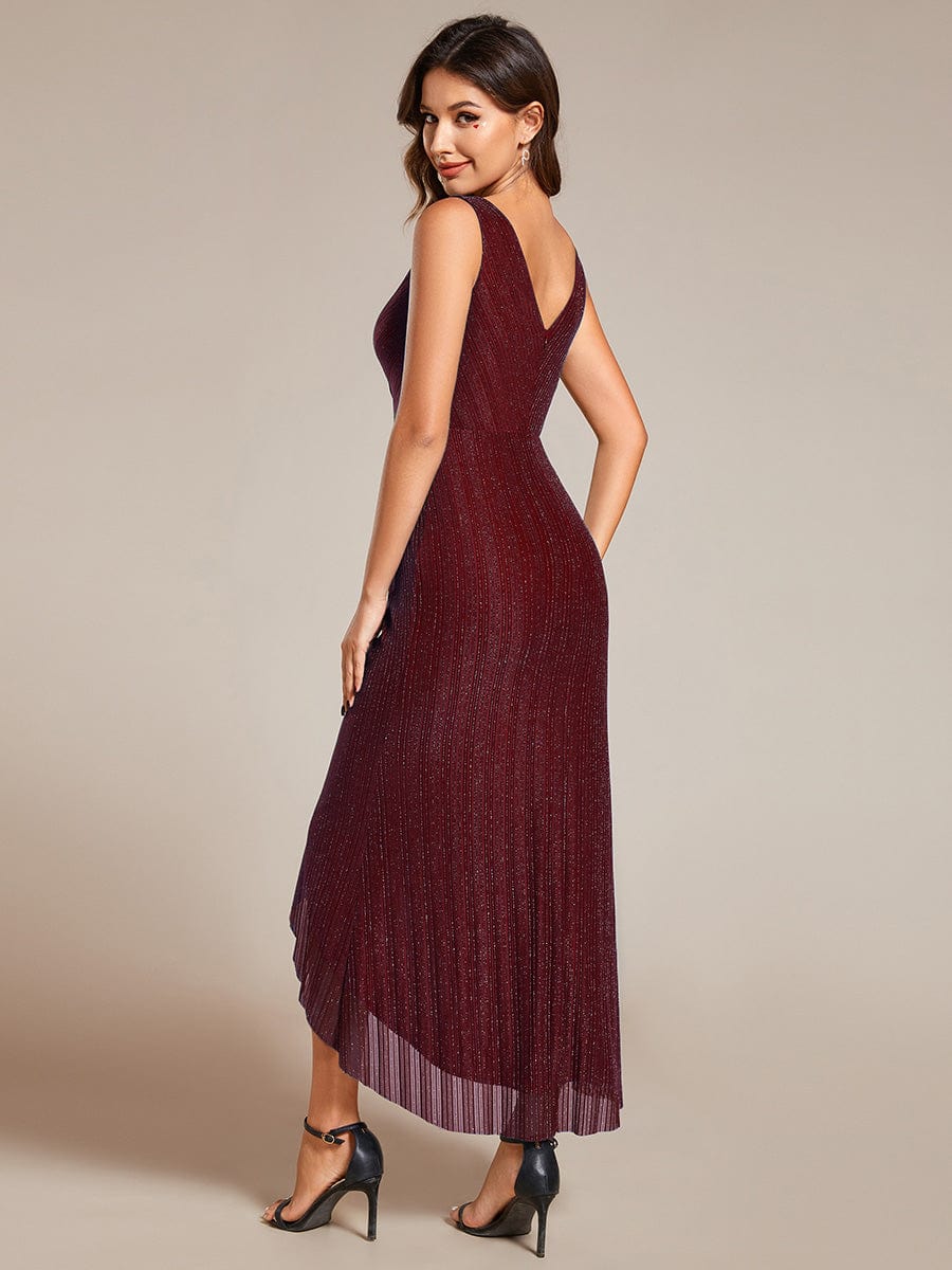 High-Low Ruffle Mermaid Wedding Guest Dress with V-Neck #color_Burgundy