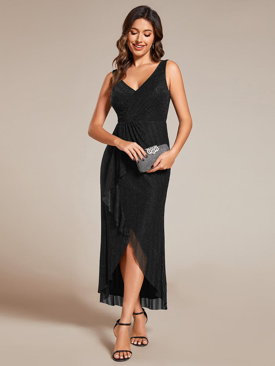 High-Low Ruffle Mermaid Wedding Guest Dress with V-Neck #color_Black