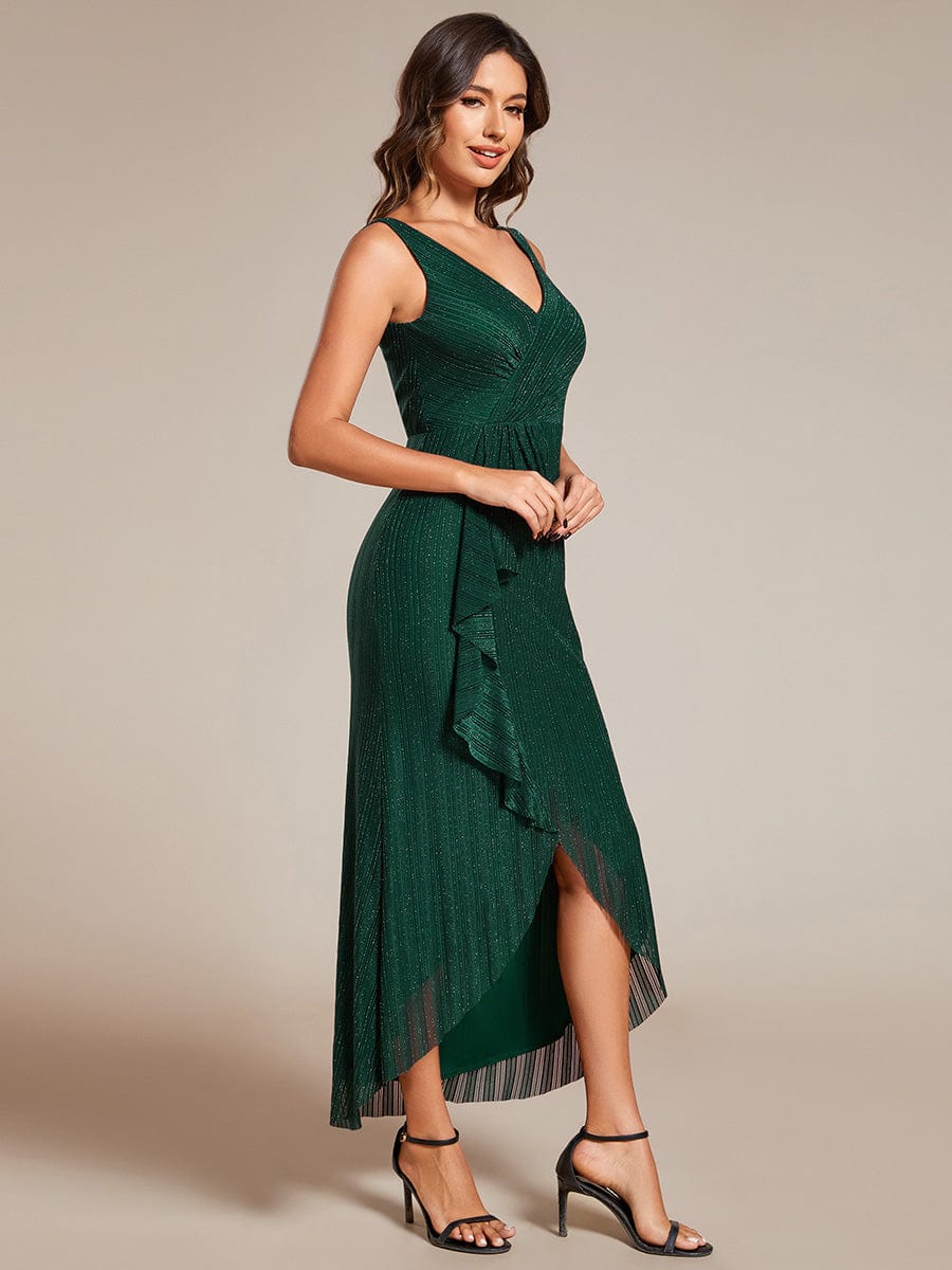 High-Low Ruffle Mermaid Wedding Guest Dress with V-Neck