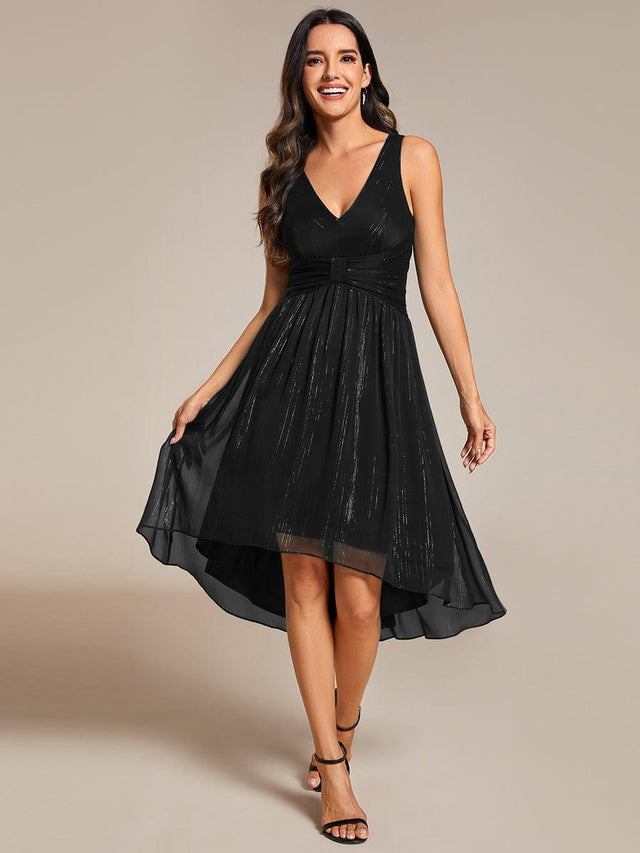 High-Low V-Neck Glitter Sleeveless Wedding Guest Dress with Pleated