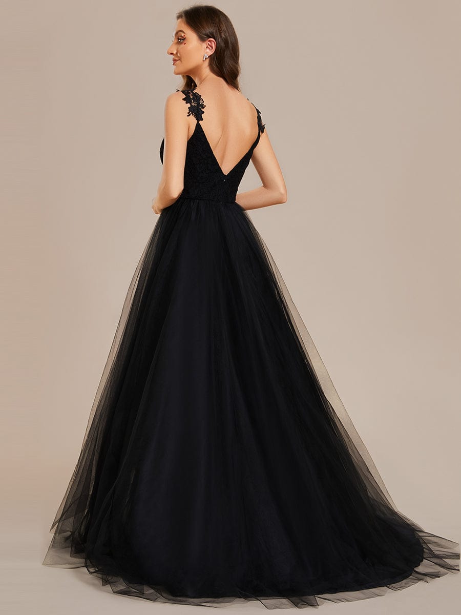 Double V Neck Lace Bodice Open Back Tulle Wedding Dress #color_Black