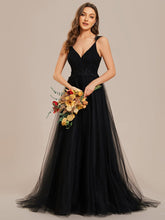 Double V Neck Lace Bodice Open Back Tulle Wedding Dress #color_Black