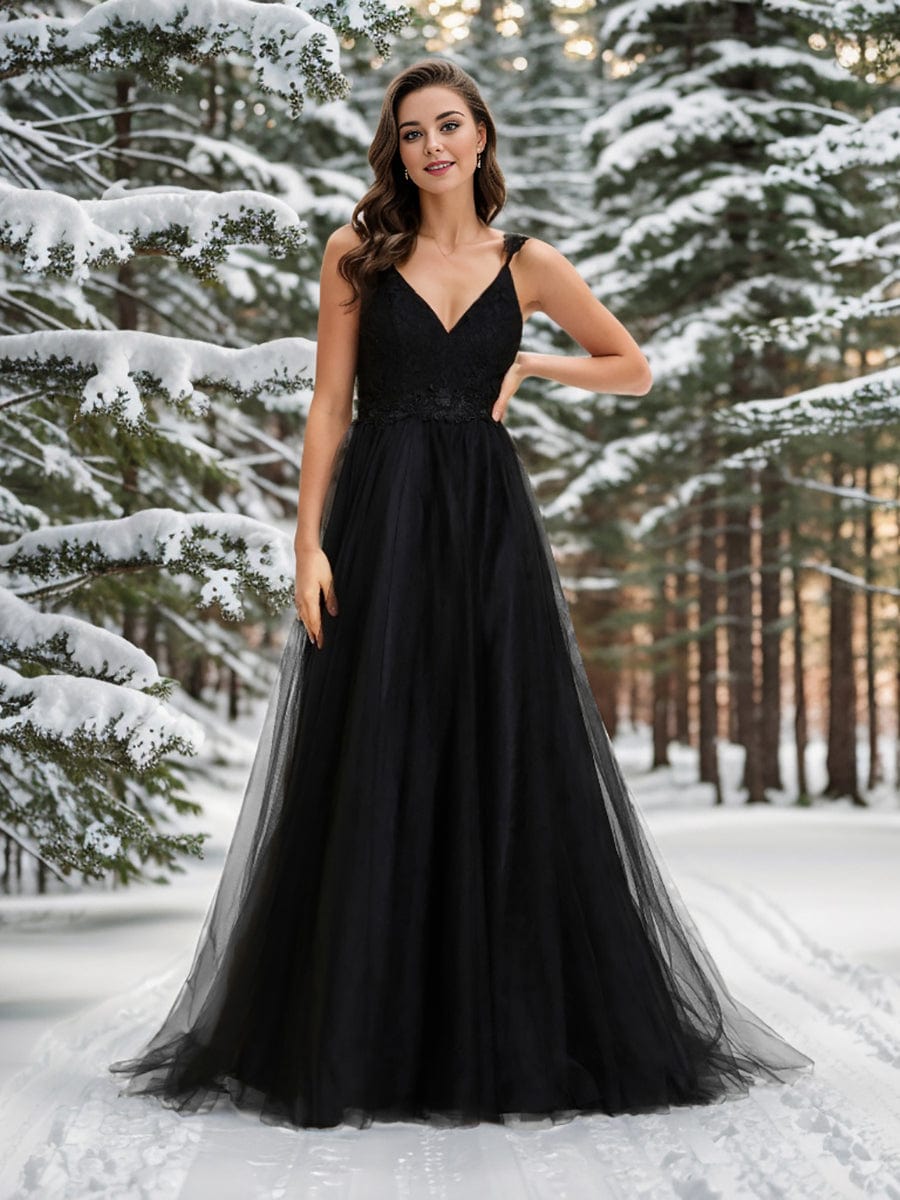 Double V Neck Lace Bodice Floor Length A-Line Wedding Dress #color_Black