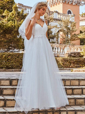 Custom Size Elegant V Neck Lace A-Line Backless Tulle Wedding Dress