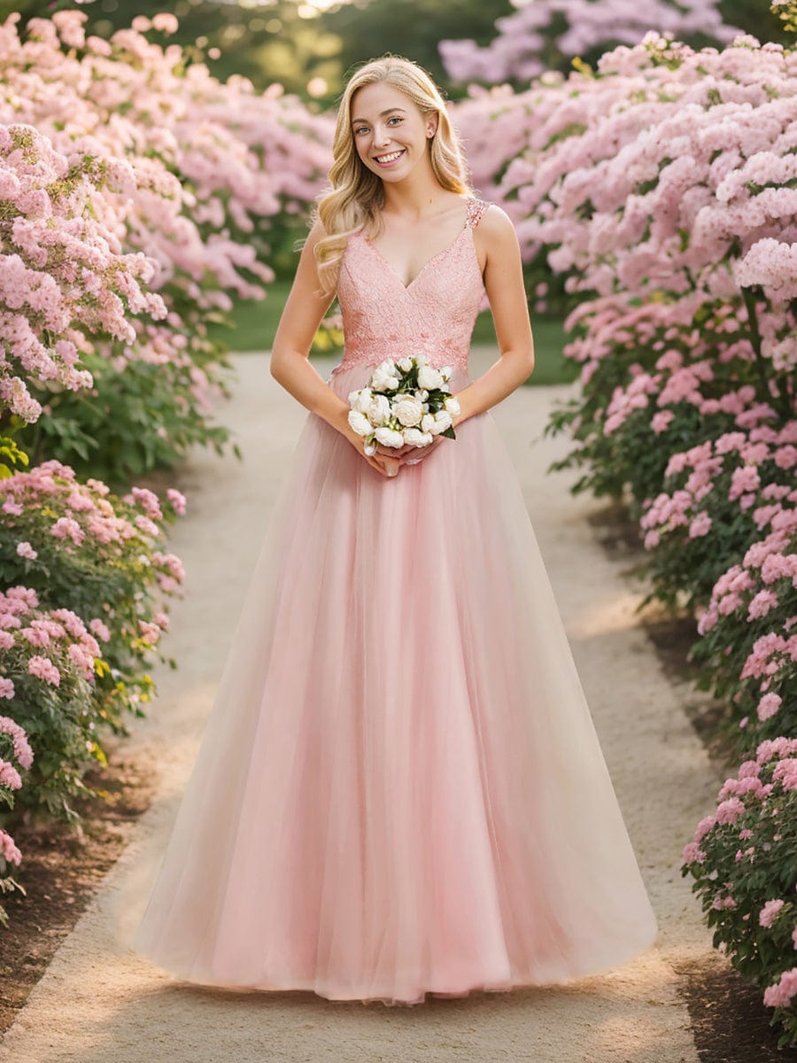 Double V Neck Lace Bodice Open Back Tulle Wedding Dress #color_Pink