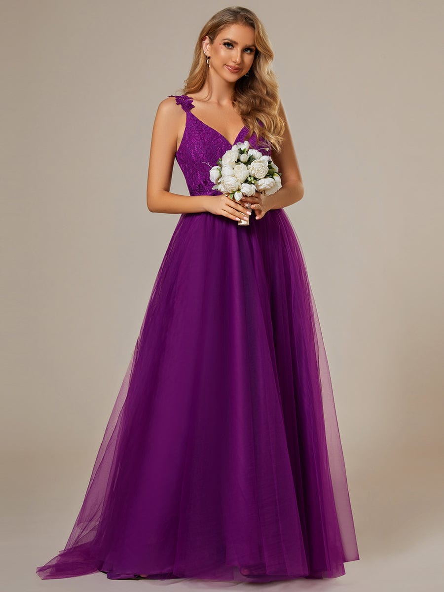 Custom Size Elegant V Neck Lace A-Line Backless Tulle Wedding Dress