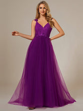 Double V Neck Lace Bodice Open Back Tulle Wedding Dress #color_Purple Wisteria
